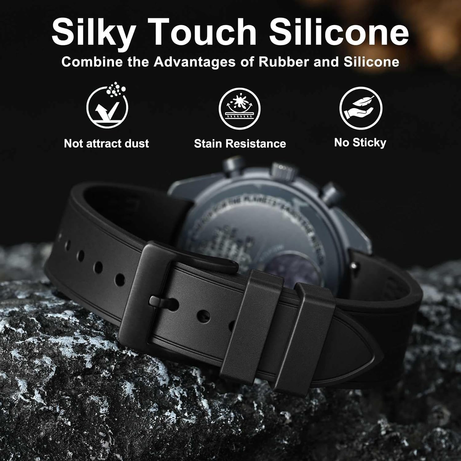 WOCCI 22mm Watch Band, Curved End, Silky Touch Silicone, Black Buckle (Black) - Image 2