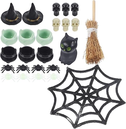 IMIKEYA Juego de 25 adornos en miniatura de Halloween, mini figurita de araña falsa sombrero de bruja de Halloween, escoba de Halloween, accesorios