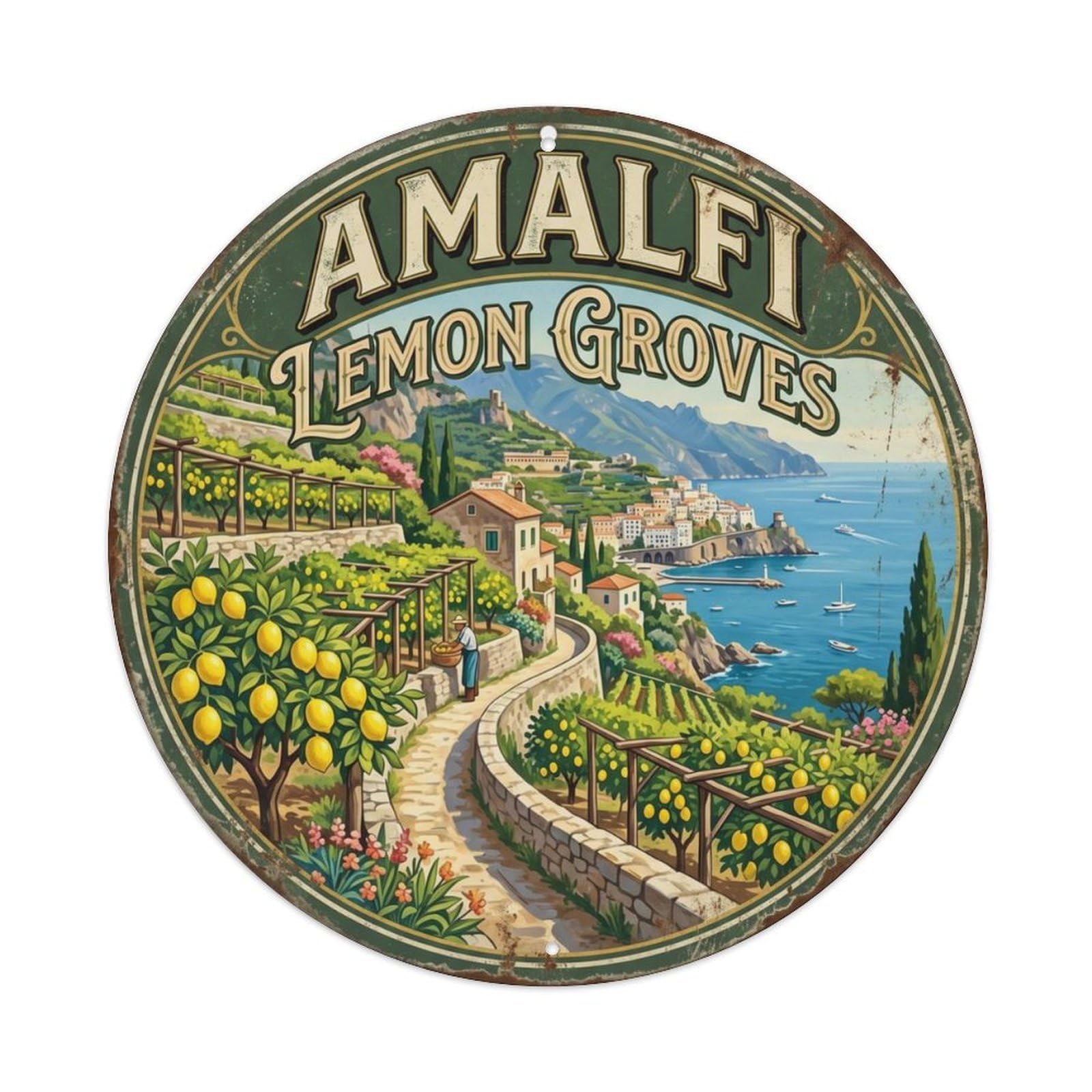 Vintage Travel Amalfi Lemon Italy Metal Tin Sign Plaque Wall Decor for Cafe, Club, Garden Round Metal Poster 8x8Inch