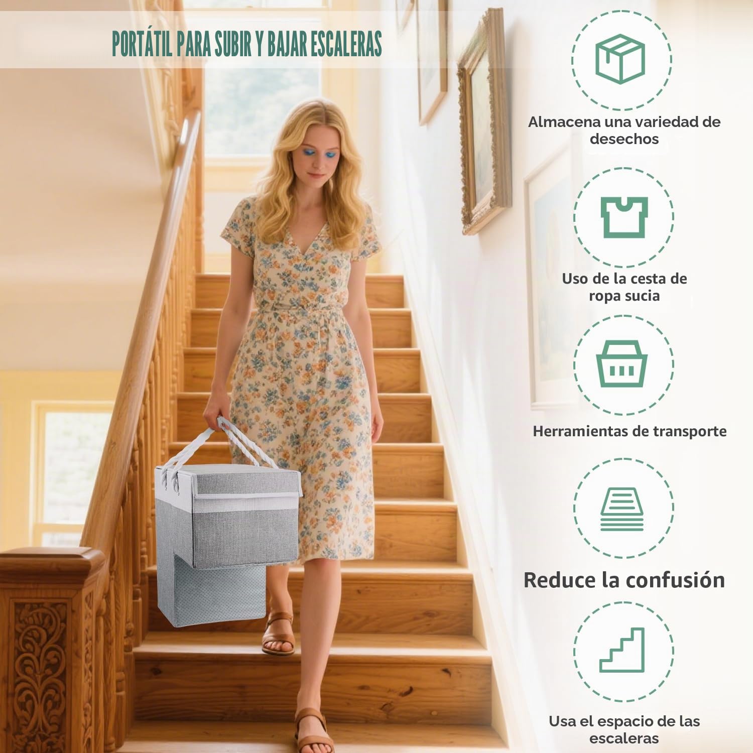 Cesta plegable para escalones, cesta de lino, bandeja para la colada con asa y tapa, bolsa antideslizante para escaleras, cesta para la colada, ahorro de espacio, organizador de fieltro para
