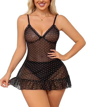 Womens Sexy Mesh Sheer Lingerie Babydoll Dress Chemise Sleepwear Polka Dots Print Nightgown with Thong