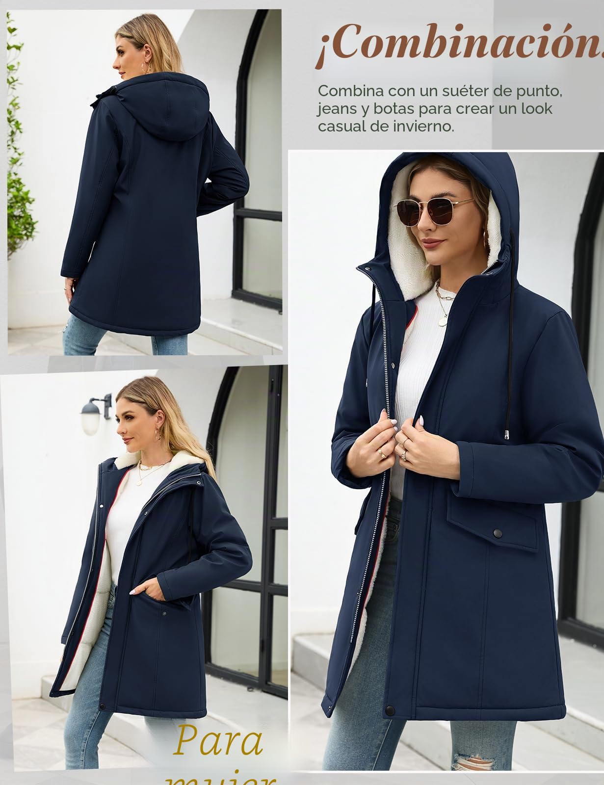 Yuson Girl Chaqueta Mujer Invierno Cálido Chaquetas Forro Polar con Capucha Grueso Abrigo Parka Largo de Viento Cremallera Abrigos Casuales Hooded Chaqueton Outwear con Bolsillos