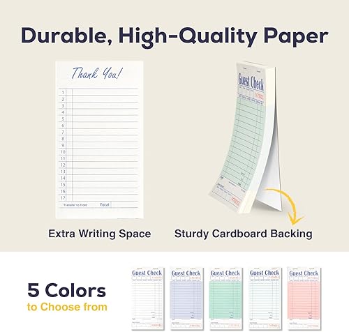 Miniatura 29 de FMP Brands Libros de cheques de invitados para servidores, papel de bloc de notas de servidor, total de 500 hojas (10 blocs), azul con recibo