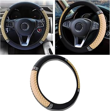 Bling Car Steering Wheel Cover, 15 Inch Anti-Slip Wheel Protector for Women Girls, Soft Leather Elastic Steering Wheel Protector, Car Interior Accessories for Most Cars Beige