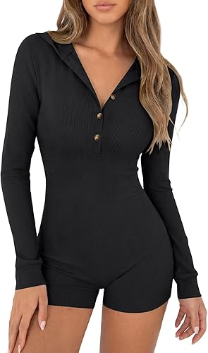 LYANER Women's Ribbed Hoodie Button Long Sleeve Bodycon Workout Shorts Romper Ju