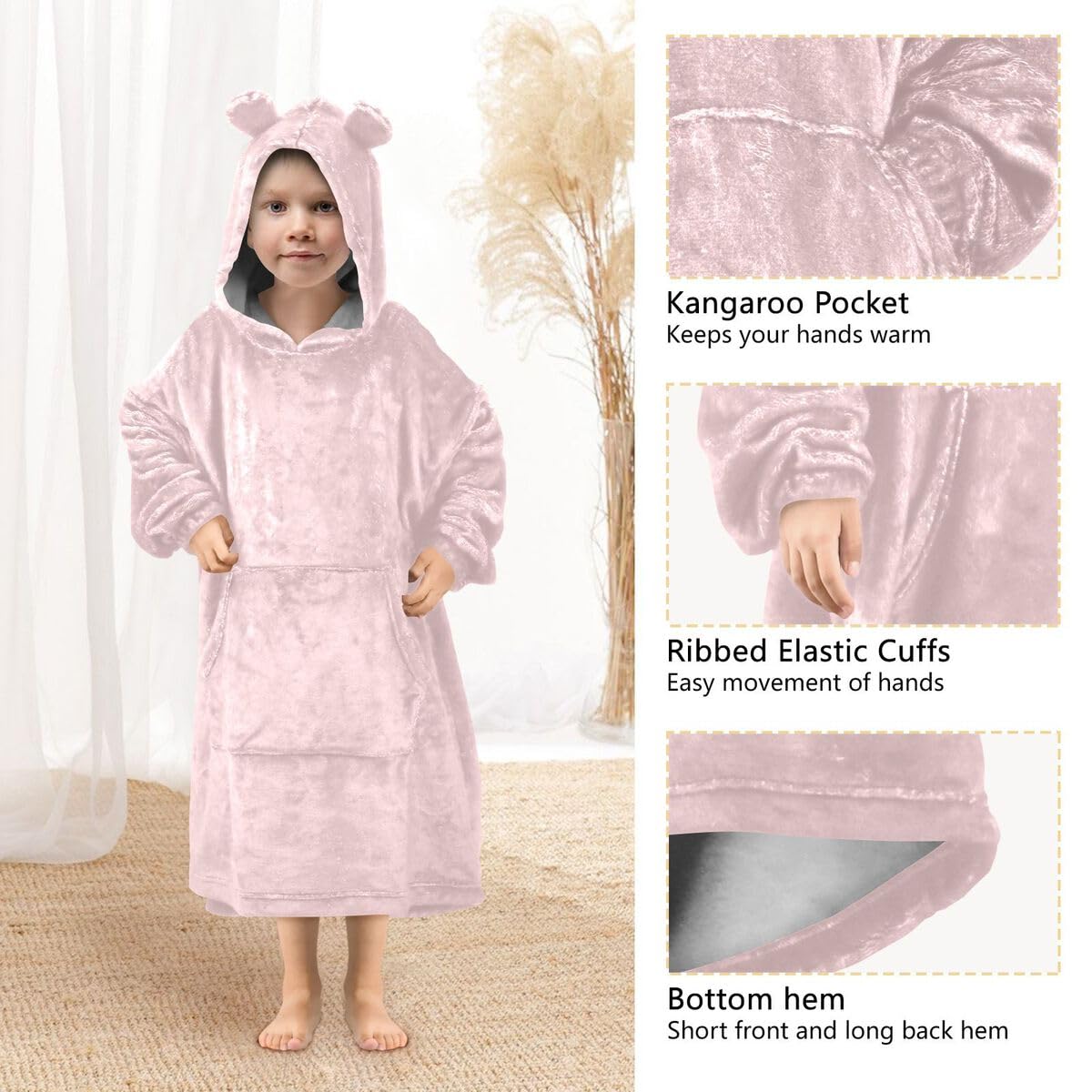 Różowa szachownica dziecięcy koc do noszenia bluza z kapturem oversize bluza koc sweter abstrakcyjny wzór w kratkę dla chłopców i dziewcząt w wieku 3-14 lat