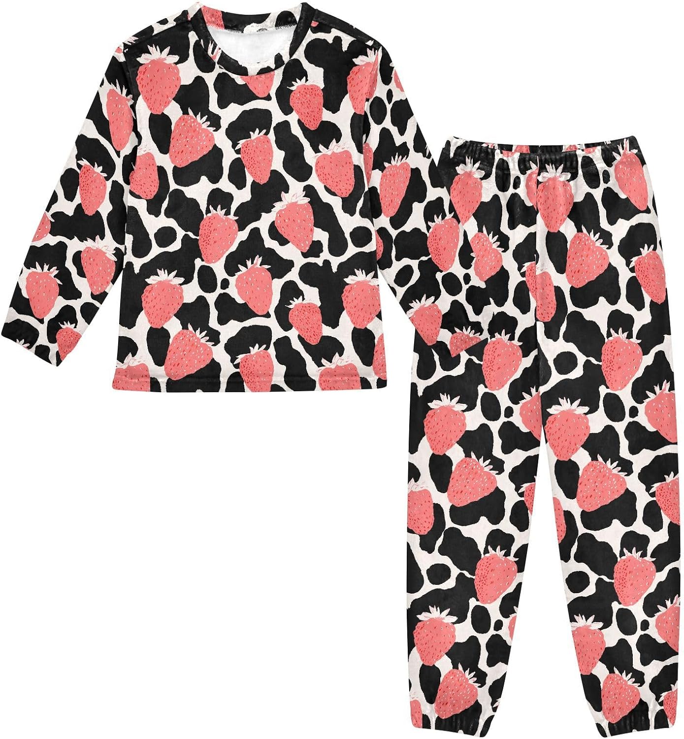 Cow Print Strawberry Plush Pajama Sets Soft Flannel Fleece Sleepwear