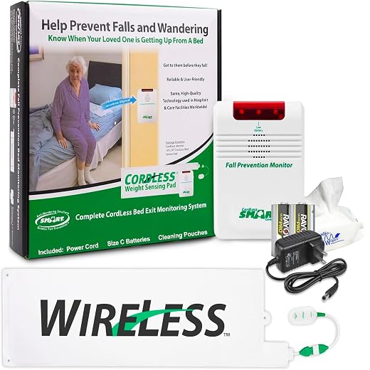 Smart Caregiver Wireless Bed Alarm System - Cordless Weight Sensing Bed Alarm Pad (10” x 30”) with Remote Alert Monitor, Free Individual Cleaning Wipes and Liberty 7 Day Pill Box