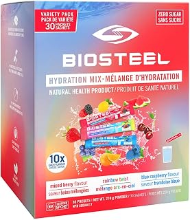 BIOSTEEL Zero Sugar Sports Hydration Mix Variety - Berry, Rainbow Twist & Blue Raspberry Flavours, 30 Packets