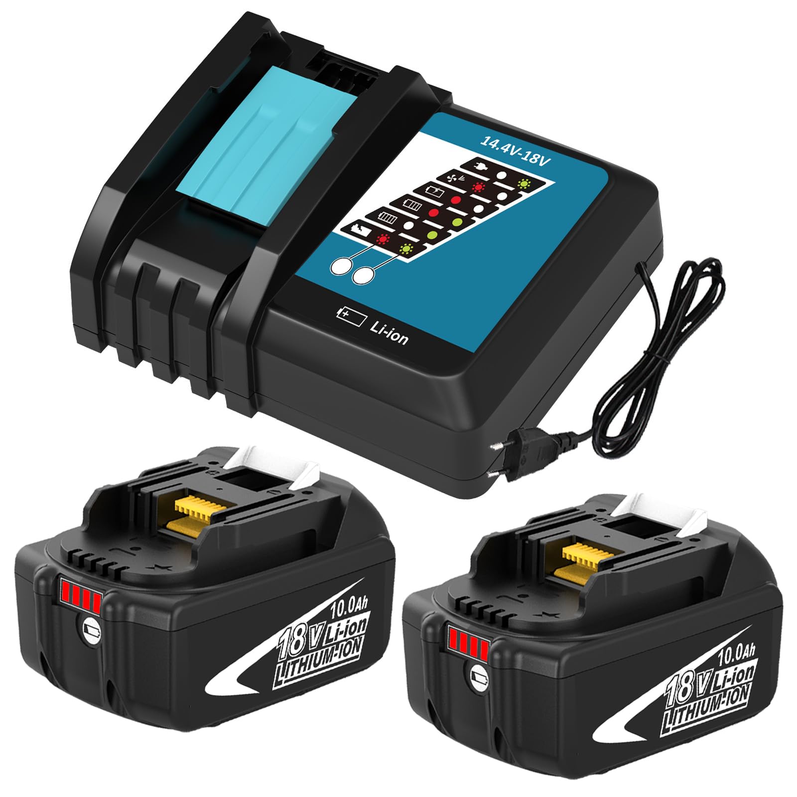 2Stück 10000mAh akku Kompatibel für Makita Akku 18V mit 1Stück Ladegerät Kompatibel für Makita Ladegerät 18V DC18RCT 14.4V-18V