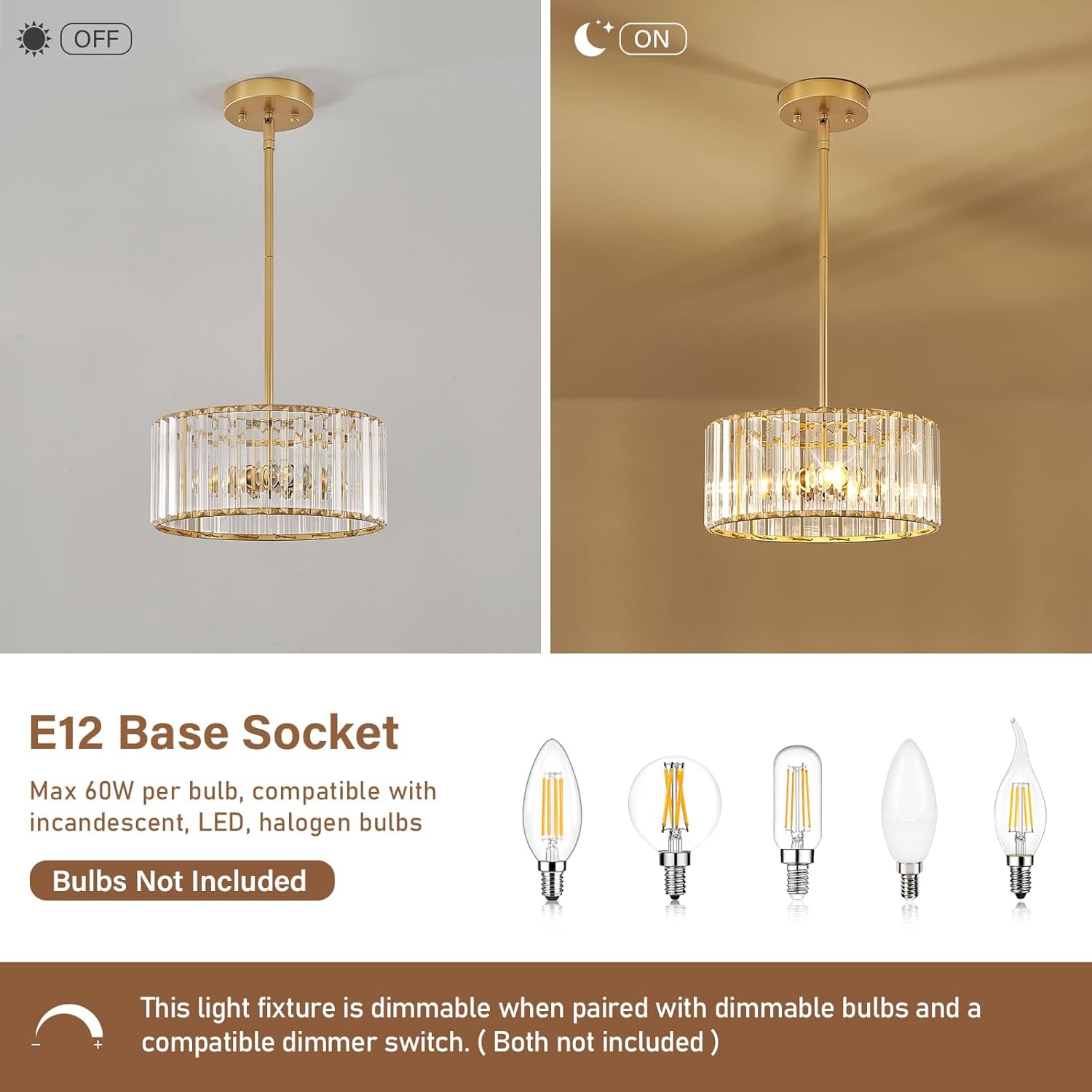 Gold Crystal Chandelier, Small Modern Semi Flush Mount Ceiling Chandelier Light Fixtures, Round Hanging Lighting Fixture for Kitchen Bedroom Hallway Entryway Laundry Room, 3-Light, 11.8 Inch