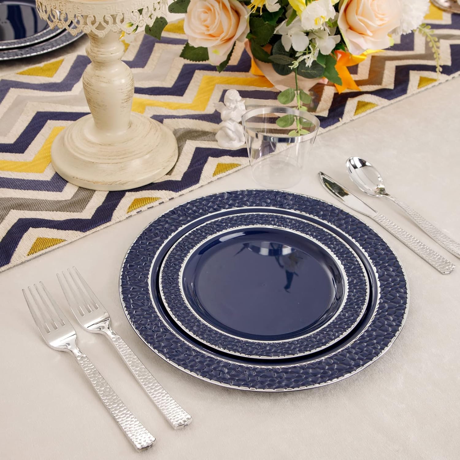 Ciaell 150 PCS Blue and Silver Plastic Plates - Blue Disposable Plate include 50 Plates, 25 Knives, 25 Forks, 25 Spoons, 25 Cups for Weddings & Party