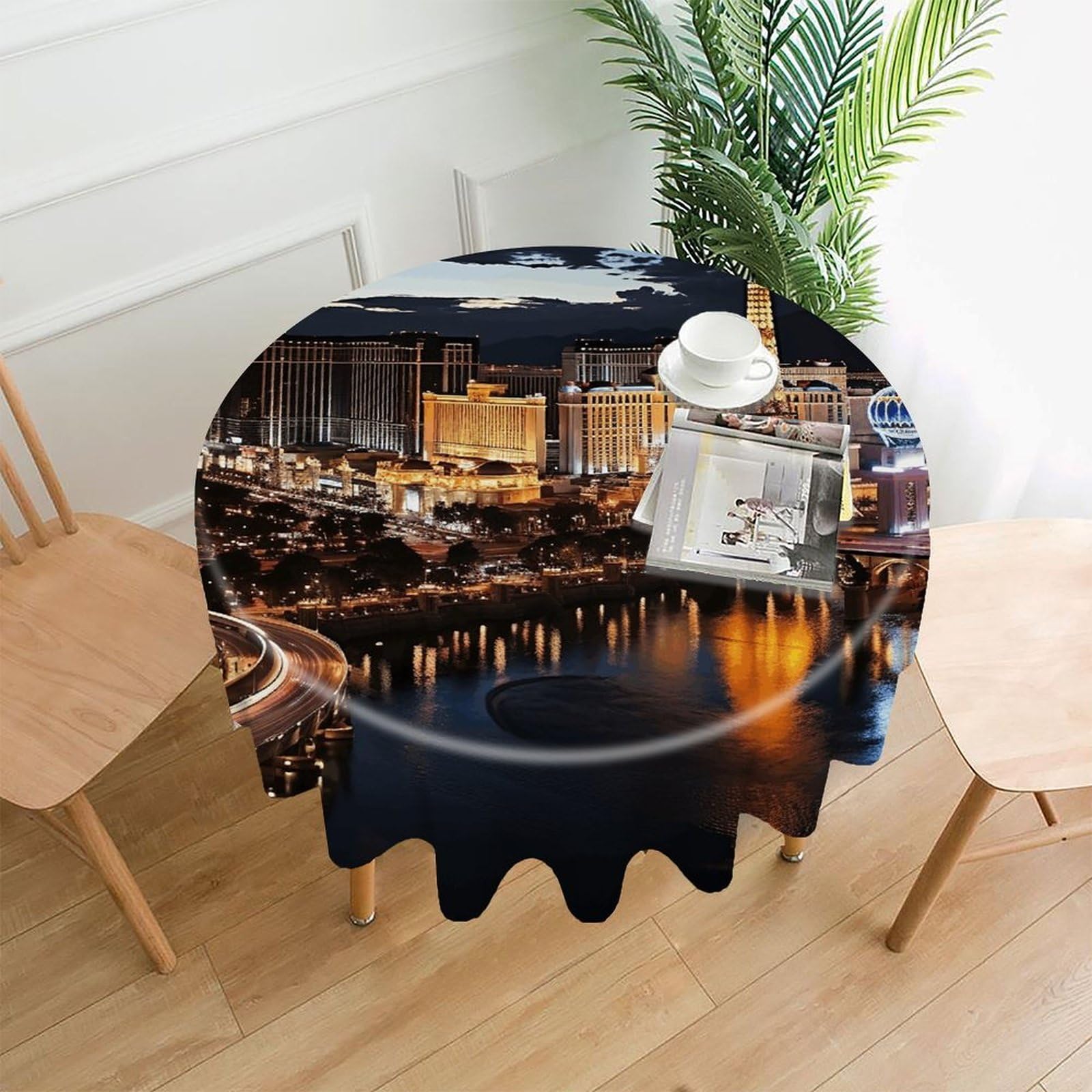 VstaDank Las Vegas Night View Table Cloth Fashions Washable Round Tablecloth Decorative Table Cover Comfortable Straight Edge Tablecover for Dining Kitchen Party Outdoor 60 Inch