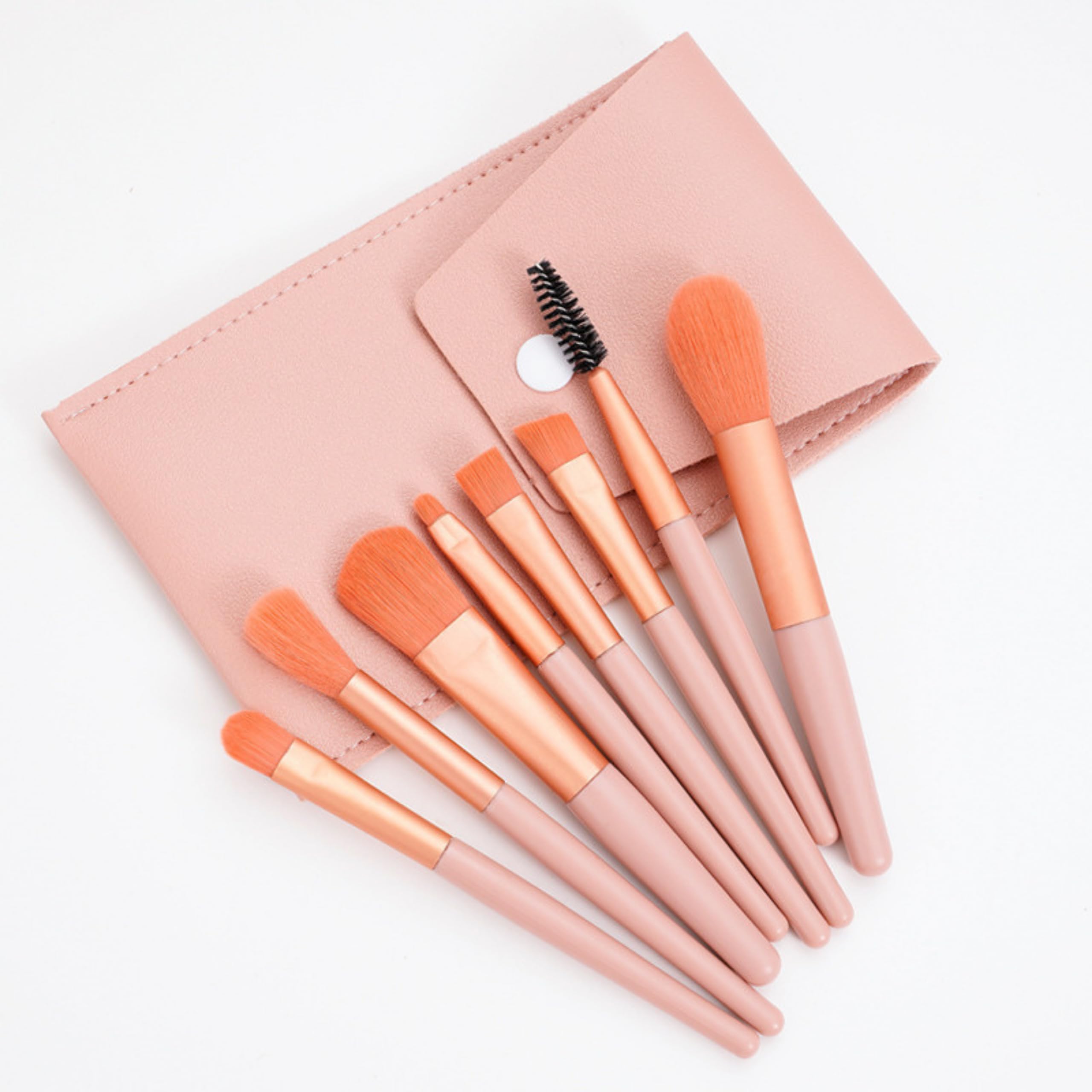 VELVET Set de Brochas de Maquillaje de Viaje - 8 Pinceles Profesionales con Estuche de Cuero, Brochas Sintéticas para Base, Colorete, Sombra de Ojos, Cejas, Rubor, Labios y Rímel (Rosa Coral)