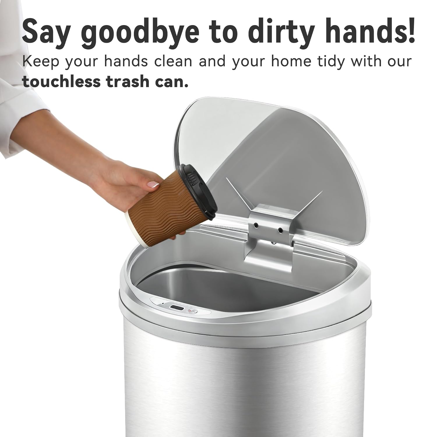 A hand holding a coffee cup approaching the open lid of the Ninestars automatic trash can, demonstrating touchless operation.