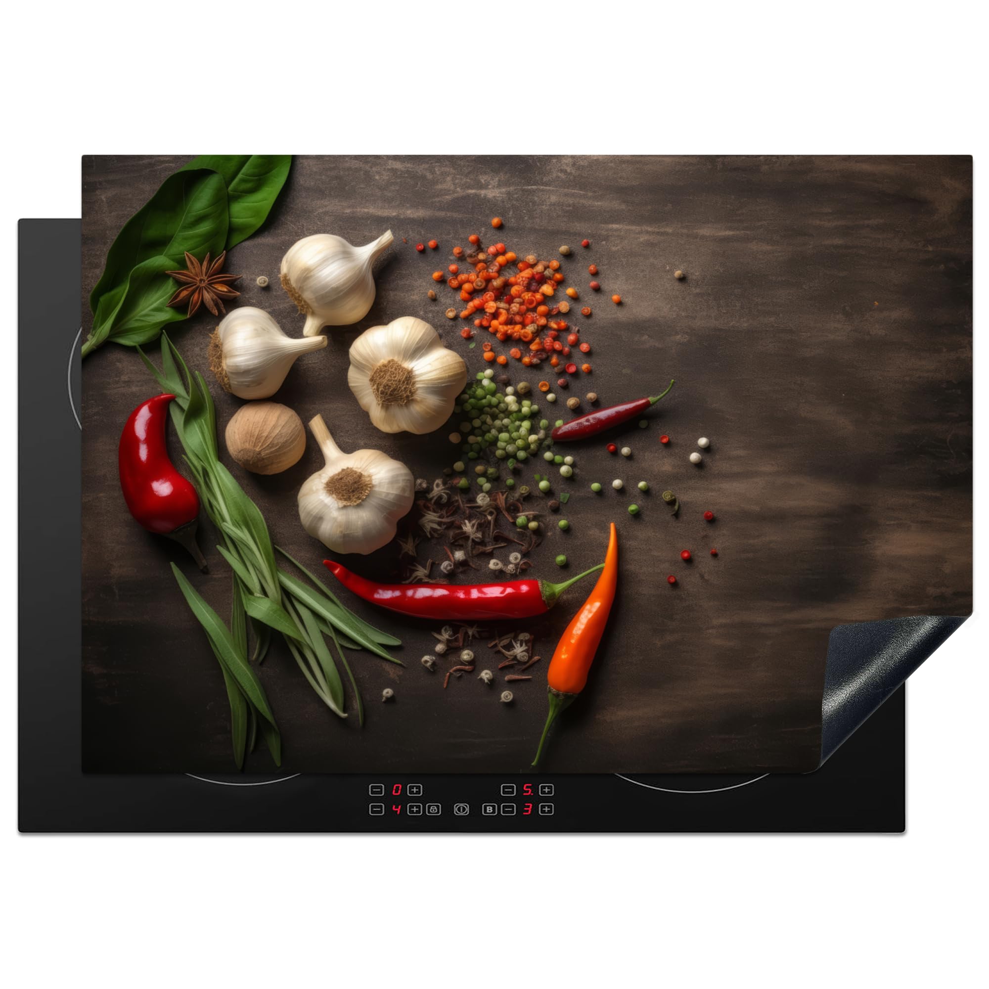 KitchenYeah© Induction Hob Cover Protector Mat 20.5"x29.5" / 75x52 cm Kitchen Universal Ceramic Covers for Electric Cookers Vinyl Pepper - Spices - Garlic - Wood Print - Herbs