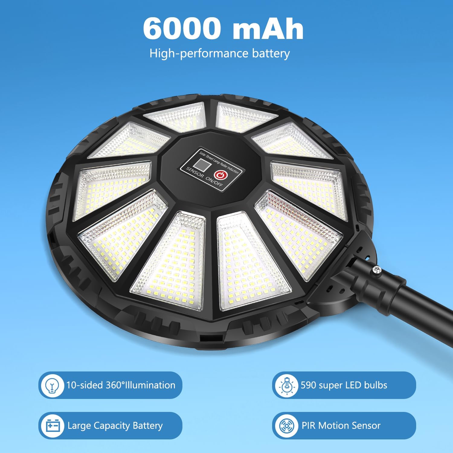 Solar Lights Outdoor, Super Bright LED Street Lights with Motion Sensor, 6500K IP66 Waterproof 10-Sided Flood Light, Dusk to Dawn Auto On/Off for Yard, Porches, and garages (2 Pack)