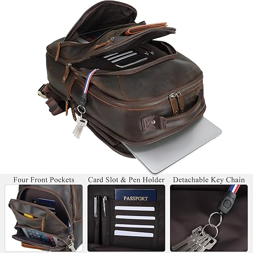 Miniatura 3 de TIDING Mochila de cuero de grano completo para hombre para laptop de 16 pulgadas, mochila vintage casual de negocios de 19 L para viajes nocturnos