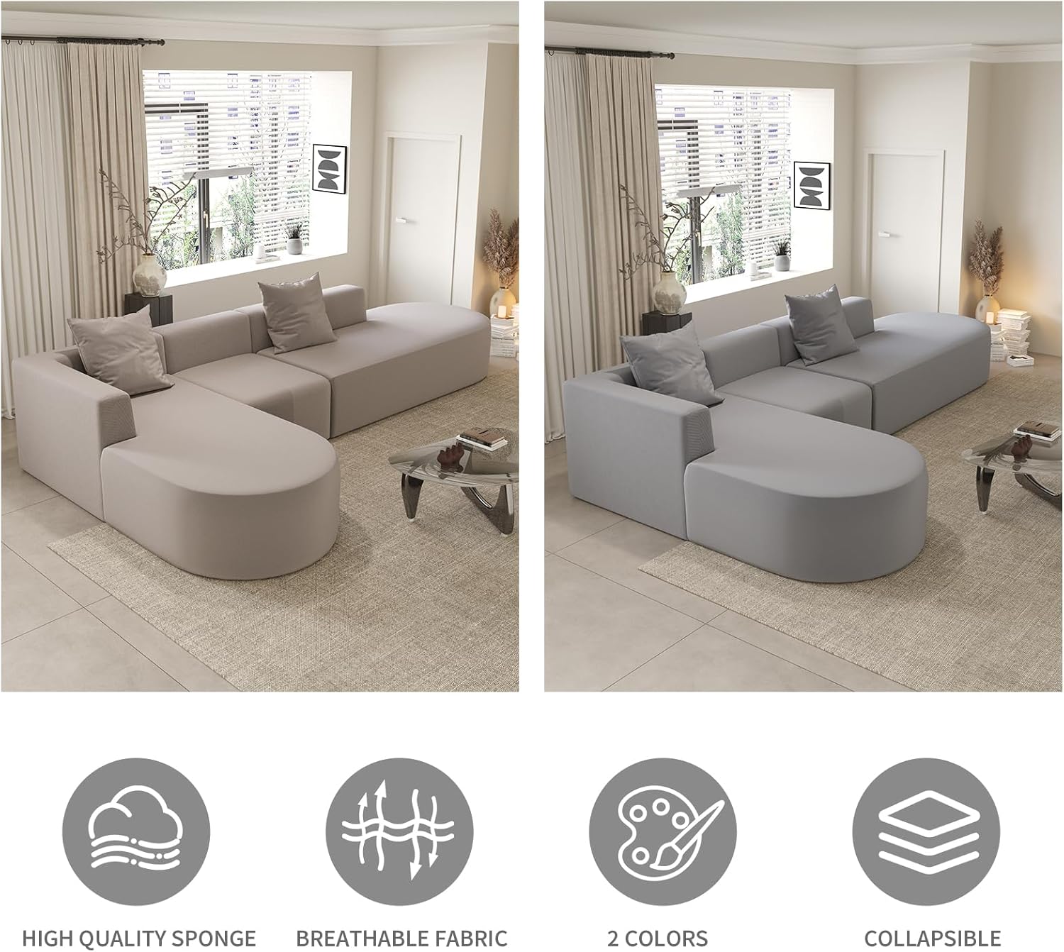 135.43" Boneless Couch with Deep Seat, Modular Sectional Sofa, Cloud Sectional Couch for Living Room, Left Facing with Chaise Lounge sectional Sofa, Flannel No Assembly Required (Camel)