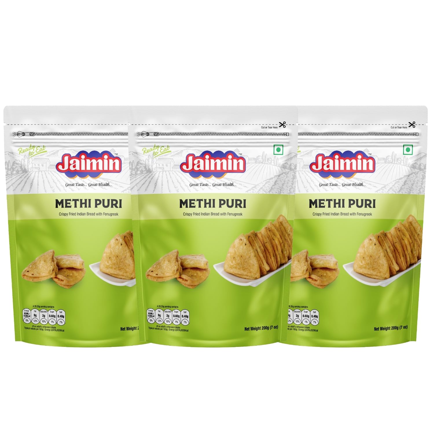 Jaimin Methi Puri 200gm (Pack of 3) | Flaky & Crunchy Methi Namkeen | Authentic Tea-Time Snack | Ready-to-Eat Anytime, Anywhere! | The Crispy Texture and bold Fenugreek Flavor