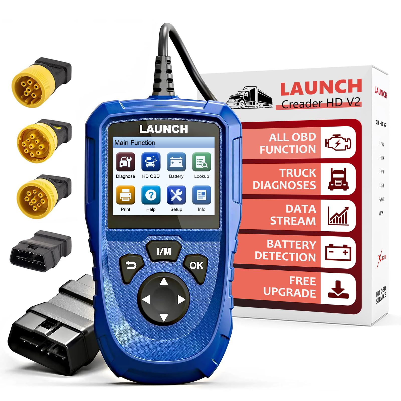 LAUNCH Creader HD V2 LKW Diagnosegerät, 2-in-1 HDOBD OBD-II Scanner, Für Freightliner Volvo Cummins Caterpillar
