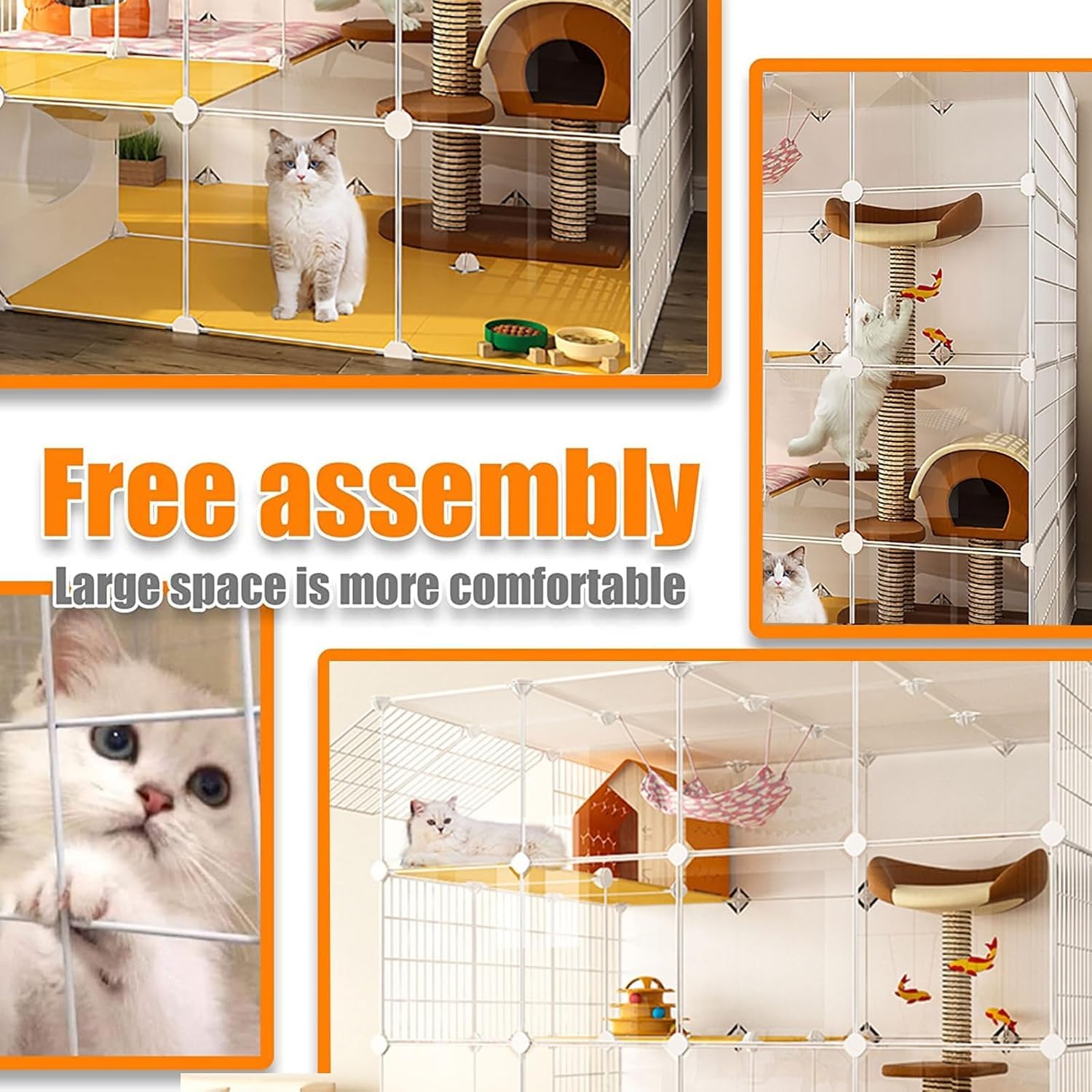 Gabbie per Gatti di Grandi Dimensioni al Coperto, Box per Gatti Fai-da-Te con Lettiera per Gatti, Recinto per Animali Domestici in Filo Metallico Staccabile Semichiuso, Ampio Spa, 147x75x147cm