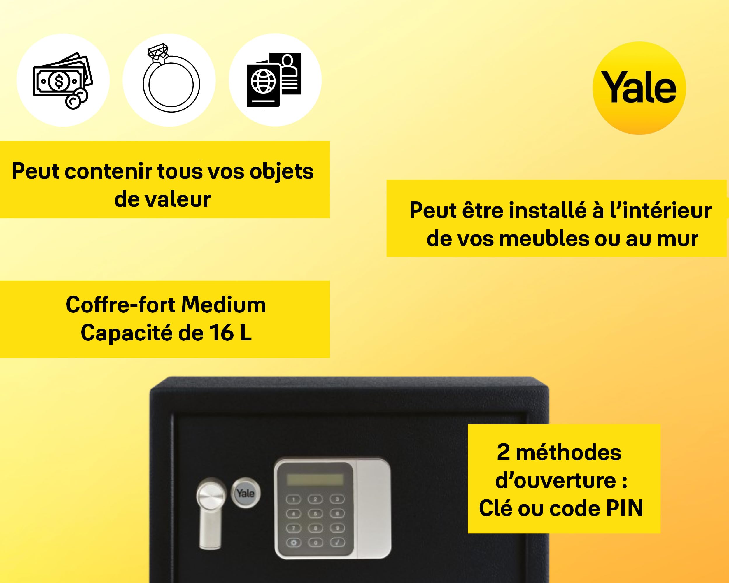 Yale Coffre-Fort Électronique Hôtel - Medium 16L - Serrure électronique 100 000 Combinaisons, Code utilisateur et Code maître 3 à 8 Chiffres pour Clients et hôtelier - 25x35x25cm YSG/250/DB2