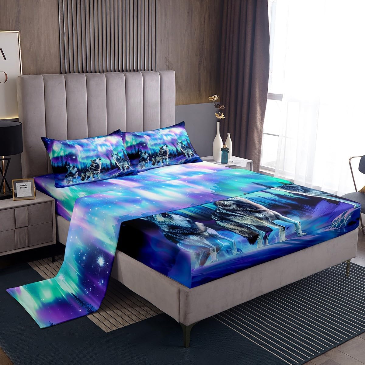 Northern Light Bed Sheet Set Galaxy Howling Wolf Bedding Set Wild Wolf Fitted Sheet for Kids Boys Girls Starry Sky Aurora Bed Cover with 1 Flat Sheet+ 1 Fitted Sheet+ 2 Pillowcase Room Decor Full