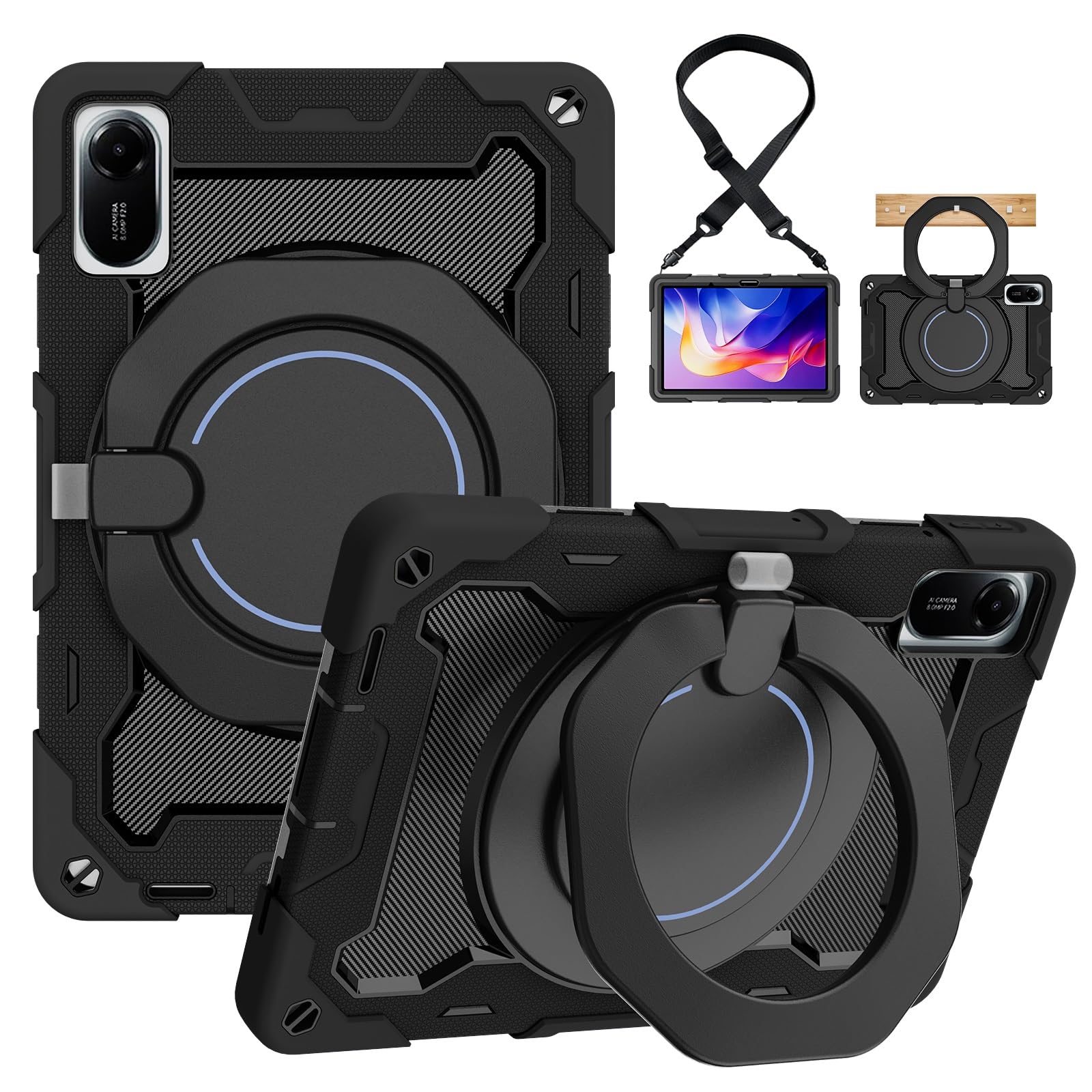 Funda protectora resistente for Xiaomi Redmi Pad 2 de 11 pulgadas 2025, soporte giratorio 360°, correa for el hombro, portalápices y anillo mango, cubierta a prueba golpes for niños adultos(Svart)