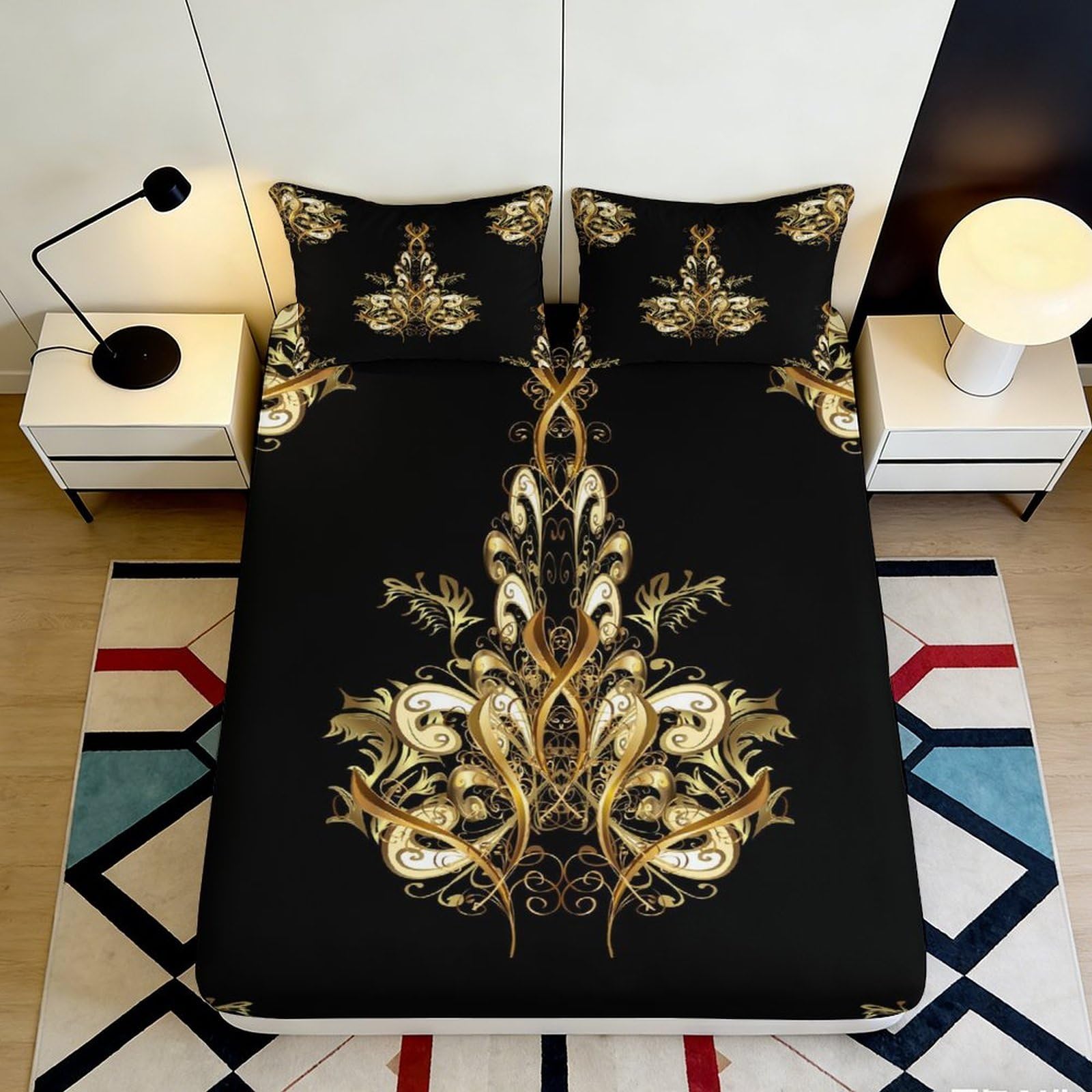 3D Printed Baroque Black Gold Fitted Sheet Microfiber Ornate Swan Mattress Cover for Bedroom Guest Room Decor 90x200x25cm