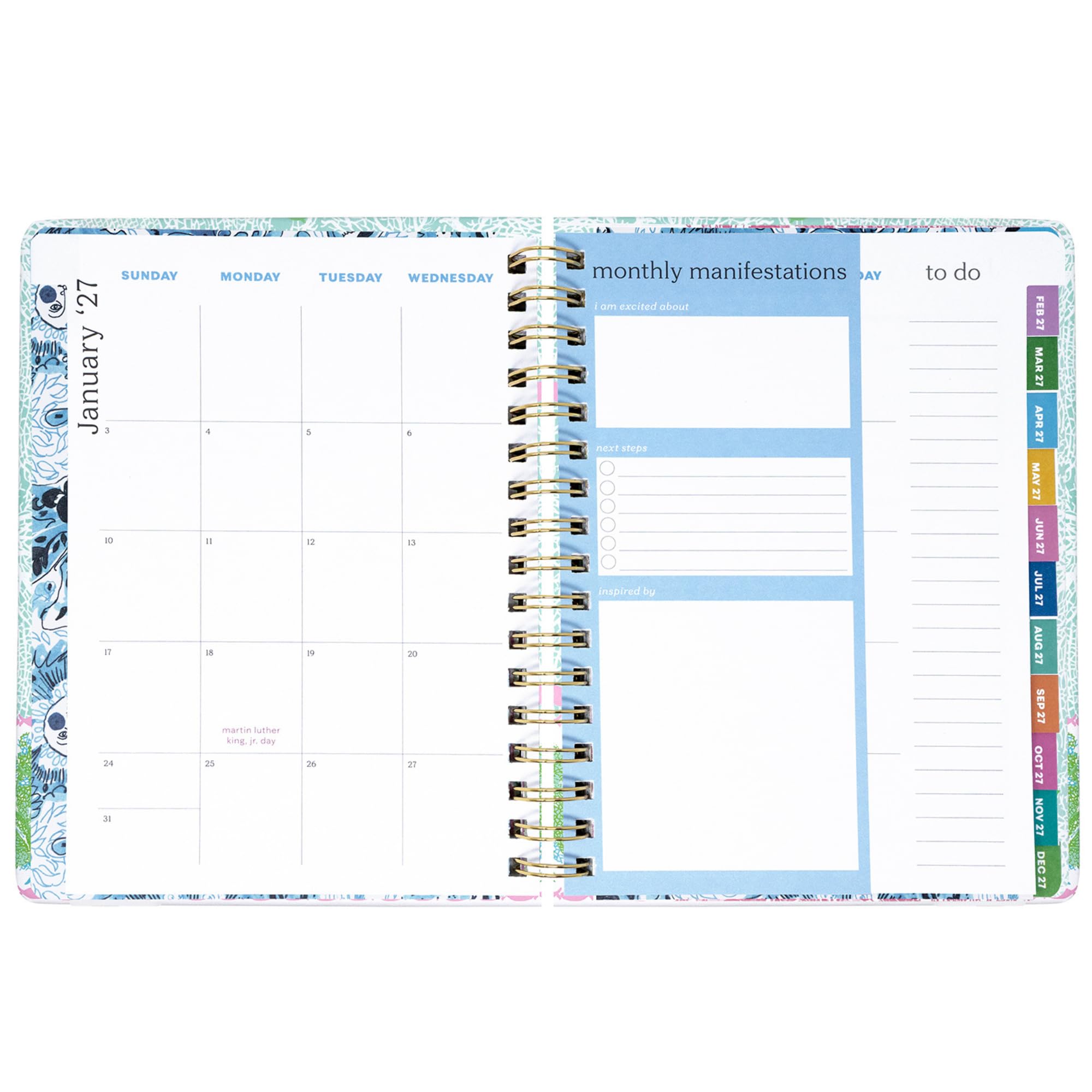 Lilly Pulitzer Grande agenda 17 mesi 17,1 x 22,5 cm, datata agosto 2026-dicembre 2027, rilegatura a spirale dorata e chiusura elastica, layout settimanali e mensili, adesivi, pagine di viaggio e