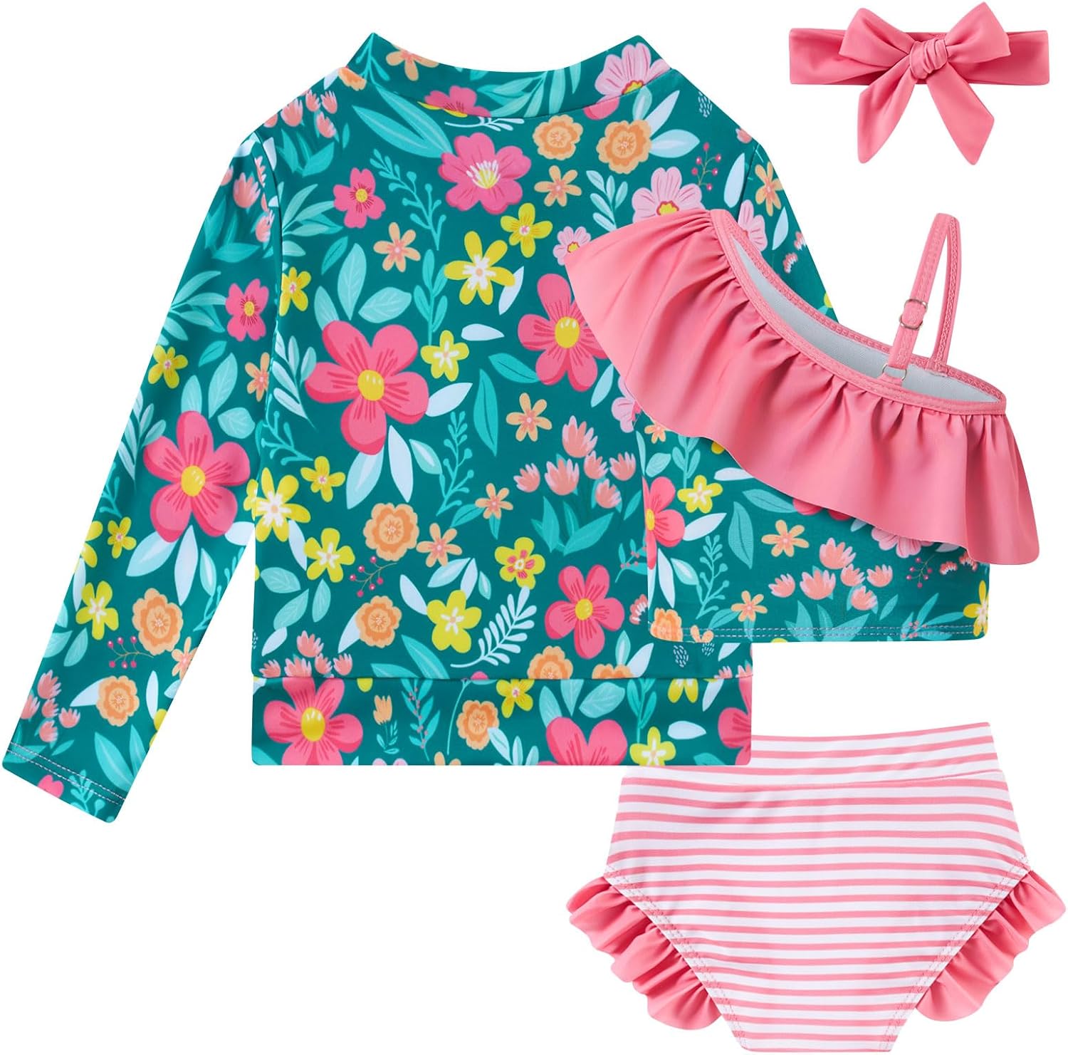 Funnycokid Baby Toddler Girls Swimsuit 4 Piece Bathing Suit Long Sleeve Rash Guard Sets 12 Months-7 Years