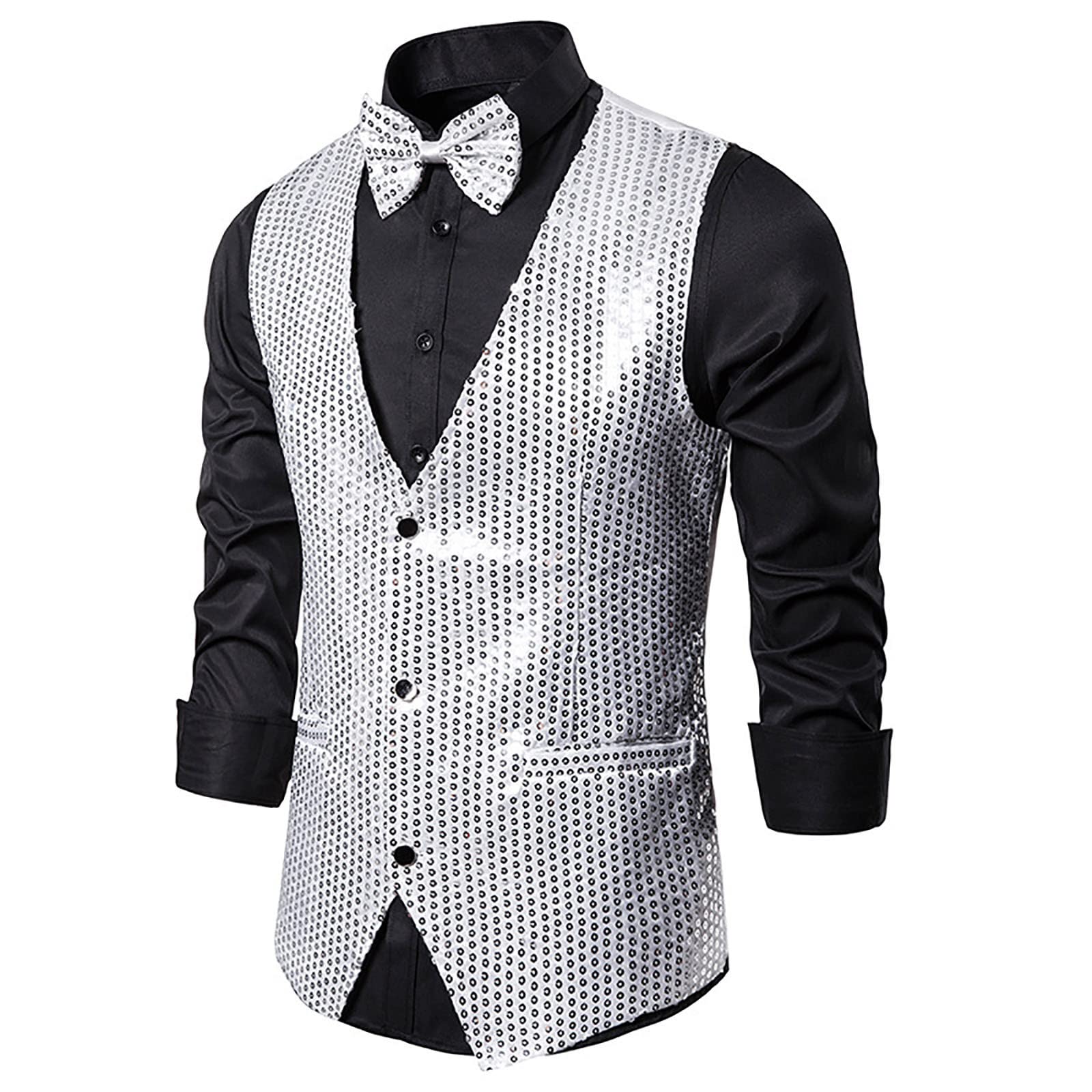 Men's Shiny Sequin Suit Vest V-Neck Regular-Fit Party Dress Suit Waistcoat Bowtie 2 Pieces, Mens Sequins Vest Shiny Party Nightclub Waistcoats Sleeveless Jacket Prom Dress Suits Vest with Bow Tie