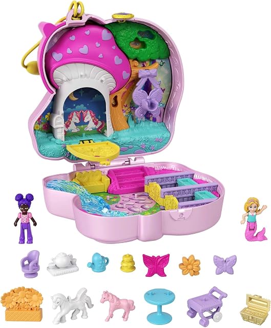 Polly Pocket Unicorn Forest Compact Tea Party-Themed Playset with Glitter Horn, 2 Micro Dolls & 13 Accessories, Toy Gift for Ages 4 Years Old & Up