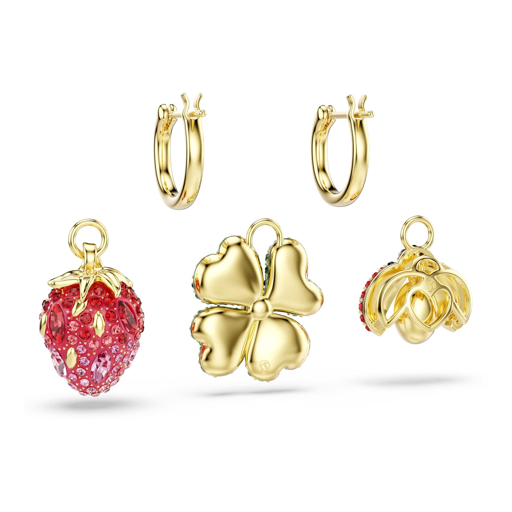 Swarovski Idyllia Drop-Ohrhänger, Set (3), Marienkäfer, Glücksklee, Erdbeere, Mehrfarbig, Goldlegierungsschicht