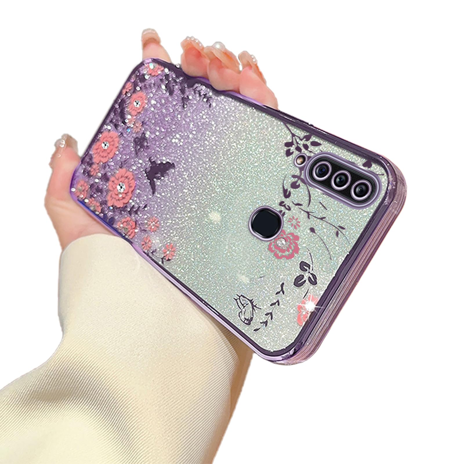 for Samsung Galaxy A20S Case,Galaxy A20S Case for Women Gradual Change Glitter Crystal Soft TPU Stylish Butterfly Floral Heart Clear Protective Cover with Strap for Galaxy A20S (Purple)
