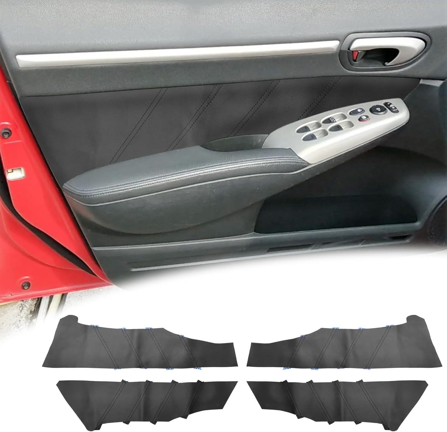 4PCS Door Panel Cover Compatible with Honda Civic 2004-2009 Front and Back Vinyl Leather Insert Cards Protector Trim Black (Only Leather Part)