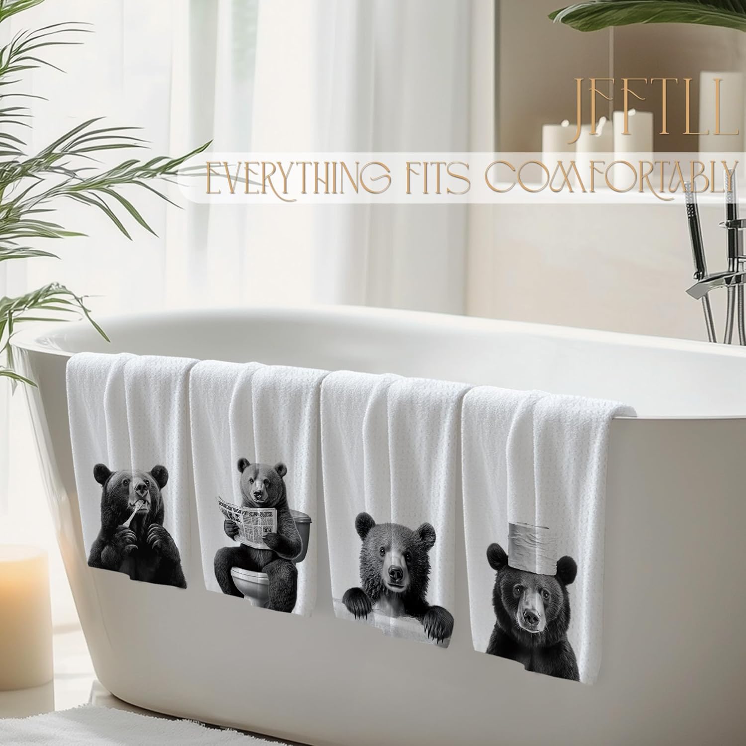 Bear Bathroom Decor Hand Towels, Bear Gifts for Women Men, Animal Lover Gifts, Black and White Wild Animal Hand Towels for Bathroom Washroom Restroom Decor, 16x24 Inch, Set of 4