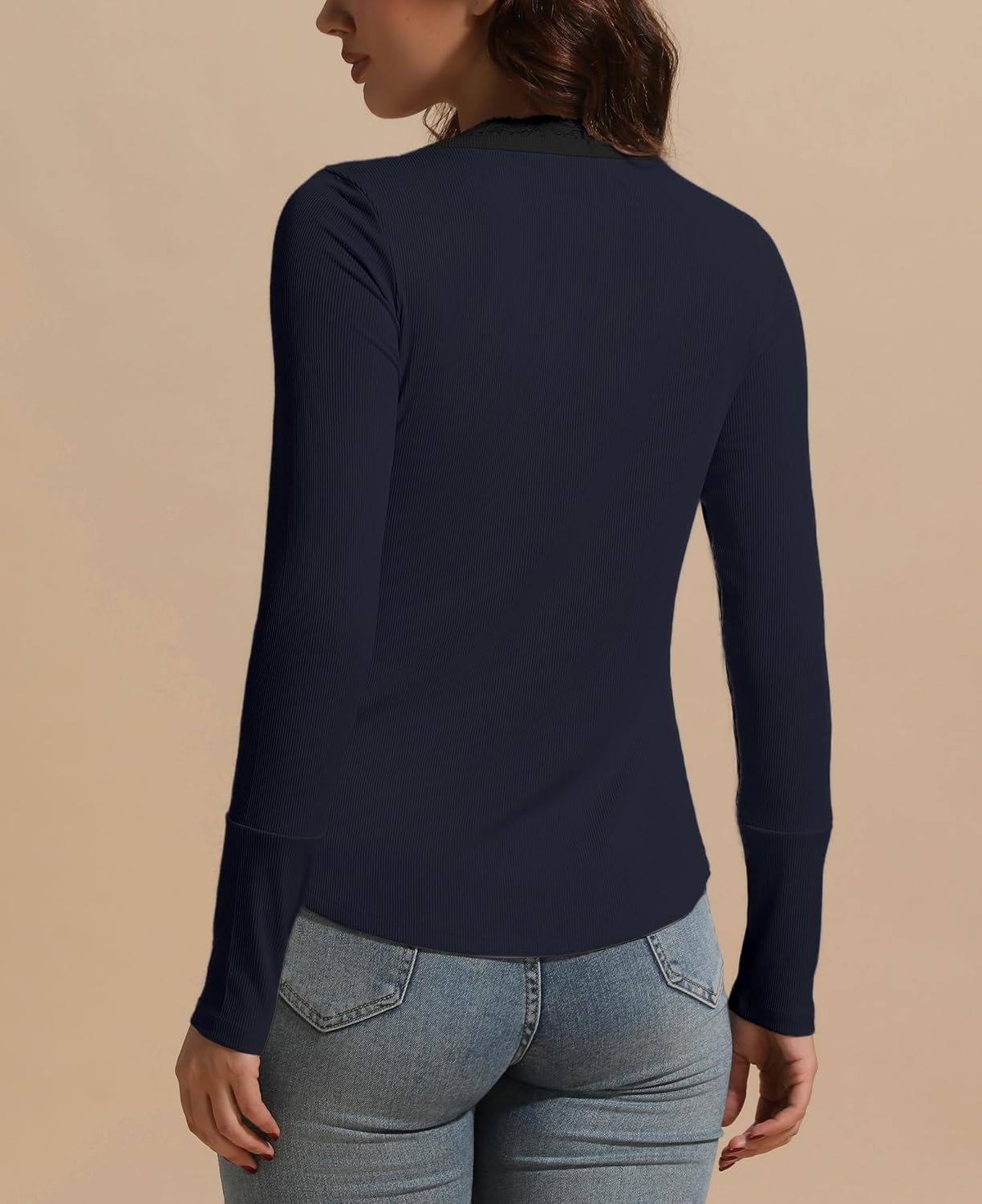 Susclude Lace Long Sleeve Shirts for Women V Neck T Shirt Casual Fall Comfy Pleated Basic Trendy Womens Tunic Tops 2025 - Image 2