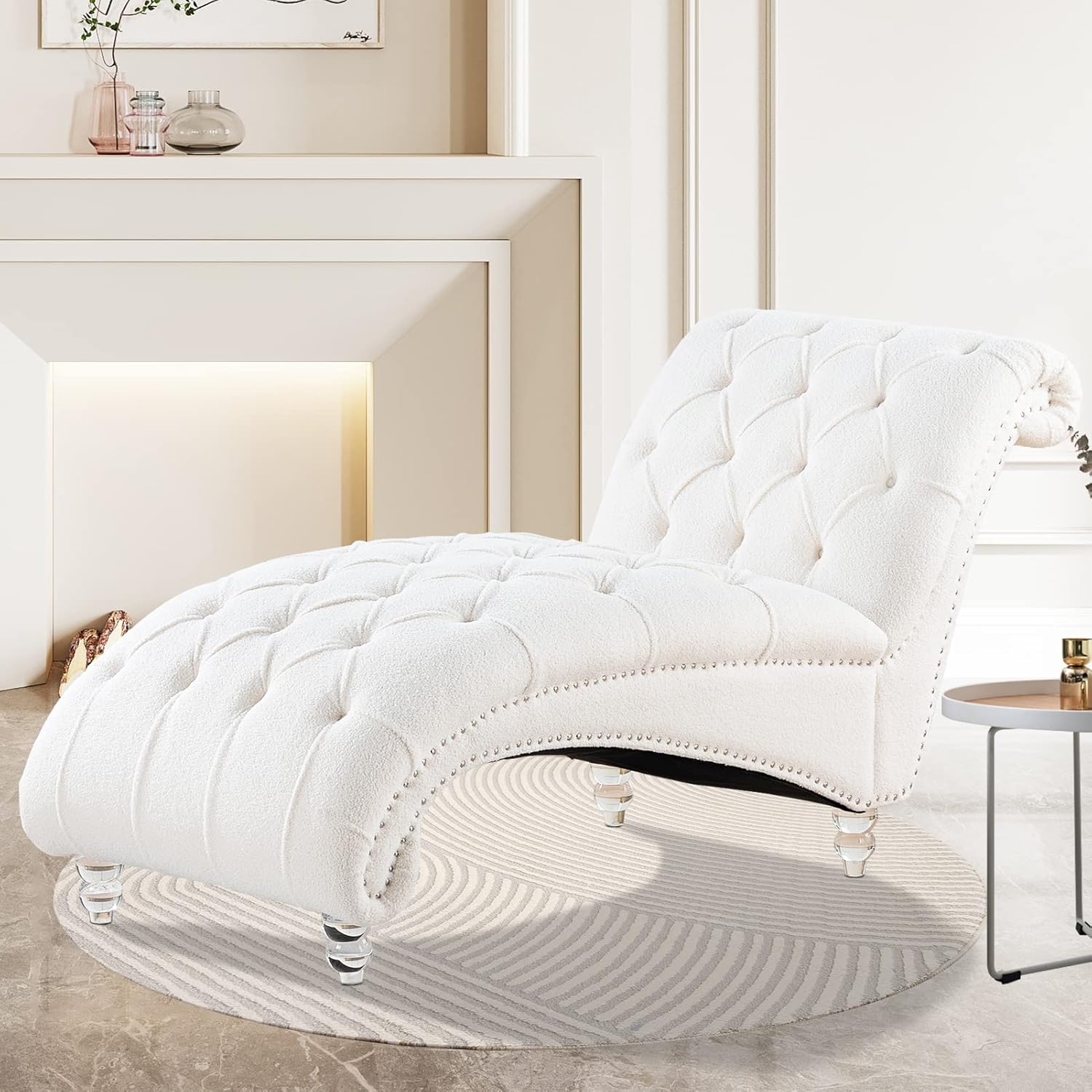 White Velvet Chaise Lounge Indoor 63" with Button Tufted Armless Lounge Chair for Living Room Bedroom Ergonomic Refined Modern Backrest Leisure Recliner Sleep Sofa (Velvet Crystal Legs)
