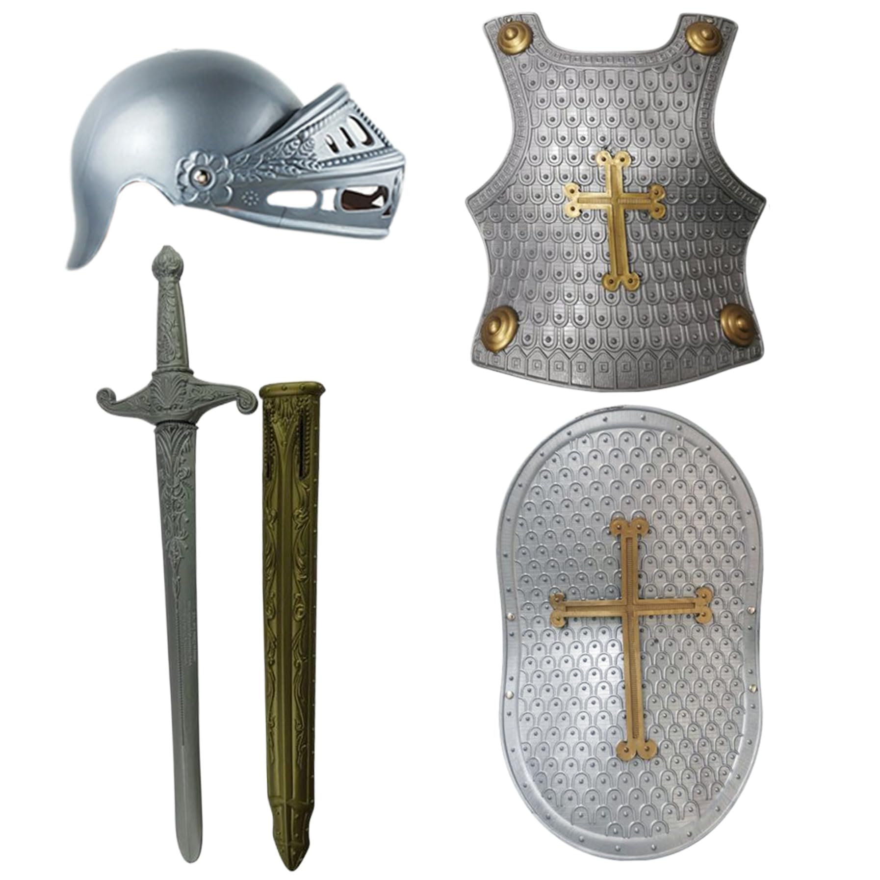 Ritterkostüm für Kinder, 4-teiliges Set mit Kreuzmuster, mittelalterliche Ritterrüstung, inklusive Helm, Schild, Schwert und Kinderkostümen für Rollenspiele, Cosplay, Halloween