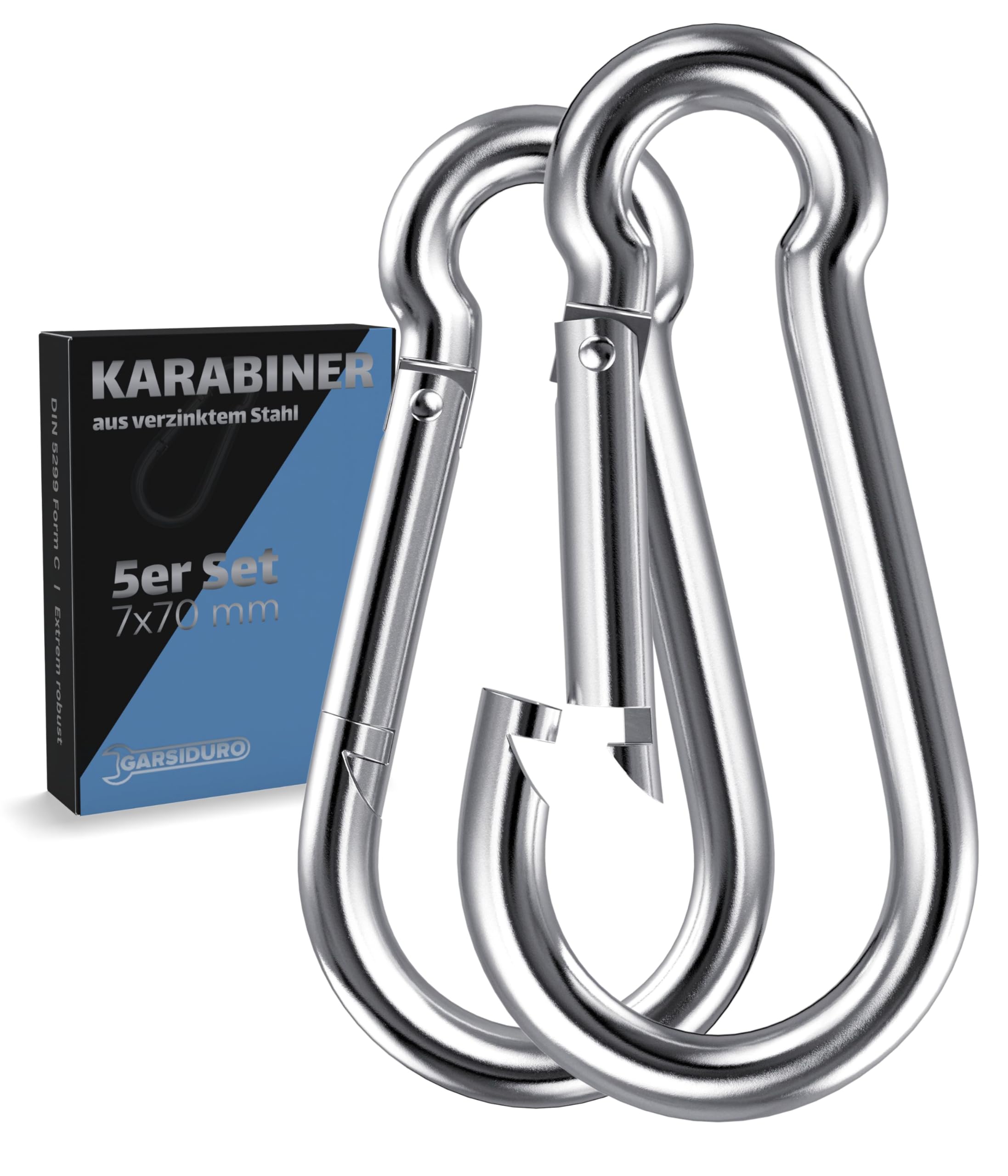 GARSIDURO® Karabinerhaken | 5er Set 7x70 mm | Karabiner Stahl verzinkt DIN 5299 | Feuerwehr-Karabiner mit Schnappverschluss geeignet als Schlüsselanhänger oder für Schwerlast und Hundeleine Wohnwagen