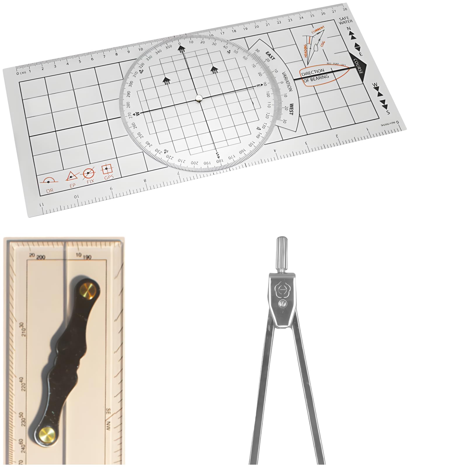 3 Stk. Marine Navigationsset, nautisches Kartierwerkzeug mit Einhandzirkel, Navigationslineal und Winkelmesser, Zeichenzubehör für Bootfahren, Segeln und Seefahrt, für präzise Kartendarstellung