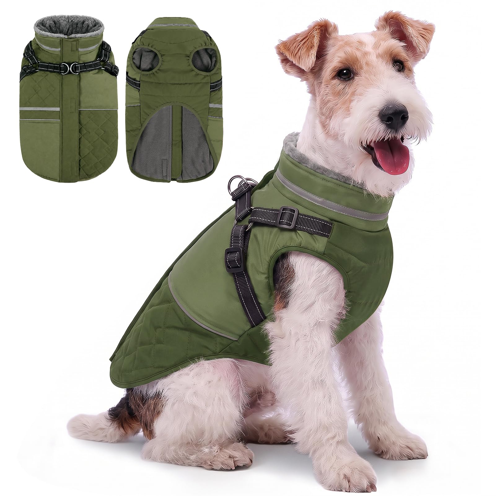 Queenmore XS Dog Coat With Harness Attached Uk, 3-Layer Warm, Green, XS