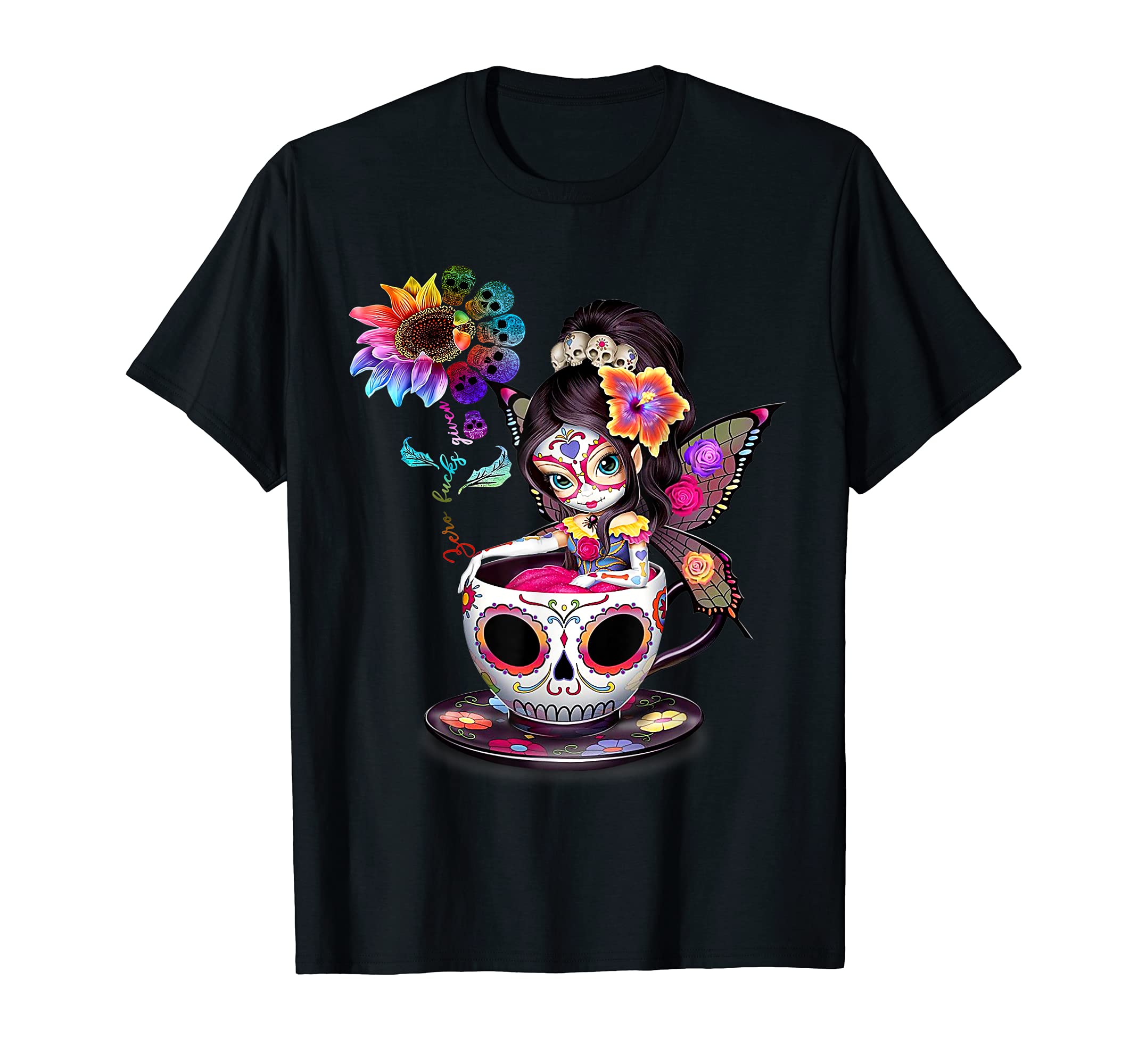 Sugar Skull Sunflower Clothing & GiftsZero Fucks Given Sugar Skull Rainbow Sunflower T-Shirt
