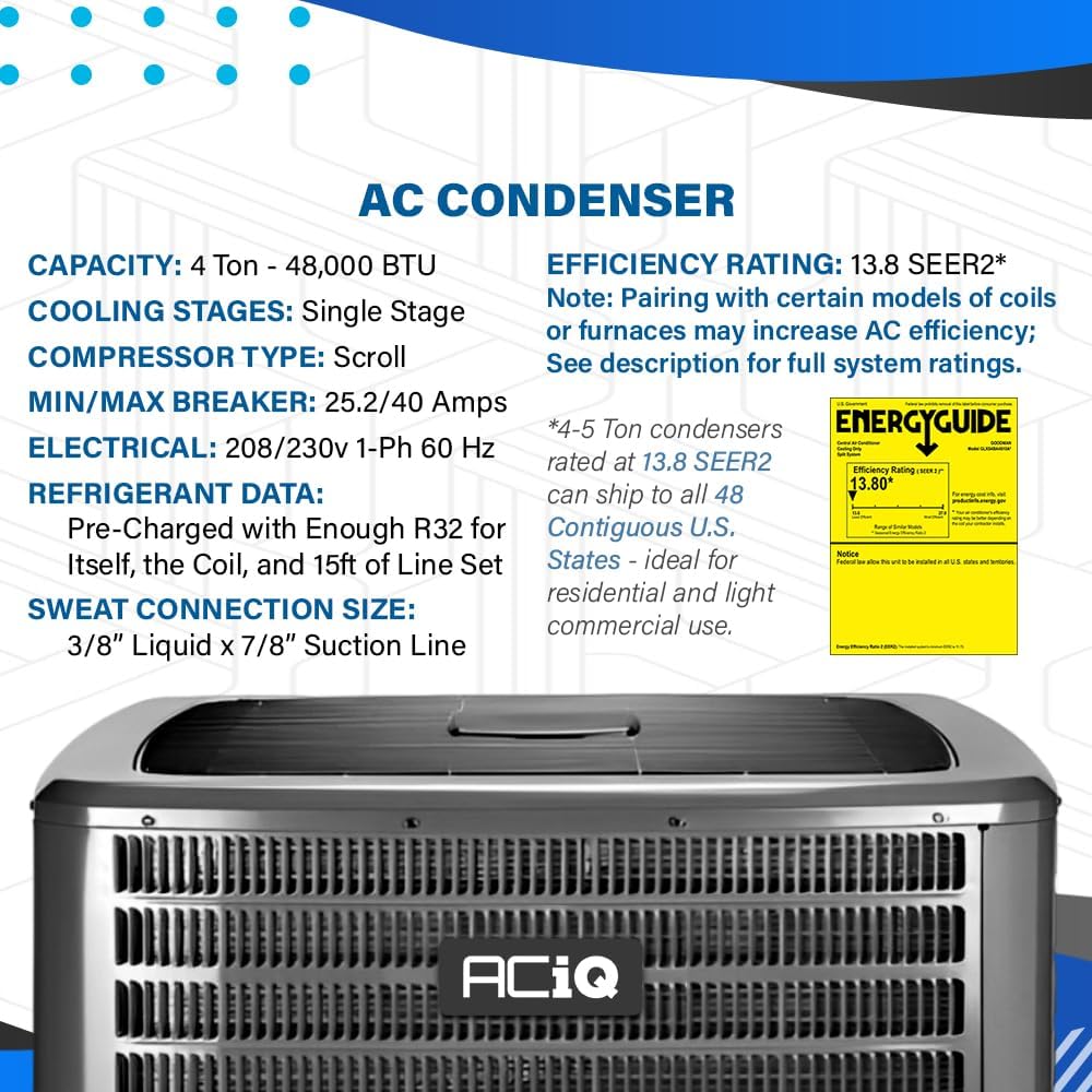 ACiQ 4 Ton 14 SEER2 Central Split AC Unit | 96% 100000 BTU Propane Gas Furnace, Evaporator Cased Coil, & Single Stage Air Conditioner System - R32 Horizontal
