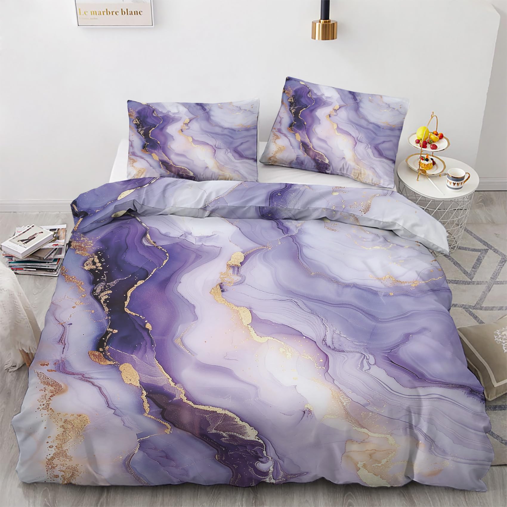 NOGAWA Purple Marble Bedding Double - Abstract Double Duvet Set - Reversible Quilt Cover & 2 Pillowcases with Zip and Ties, Ultra Soft and Non Iron Brushed Microfibre Bed Set