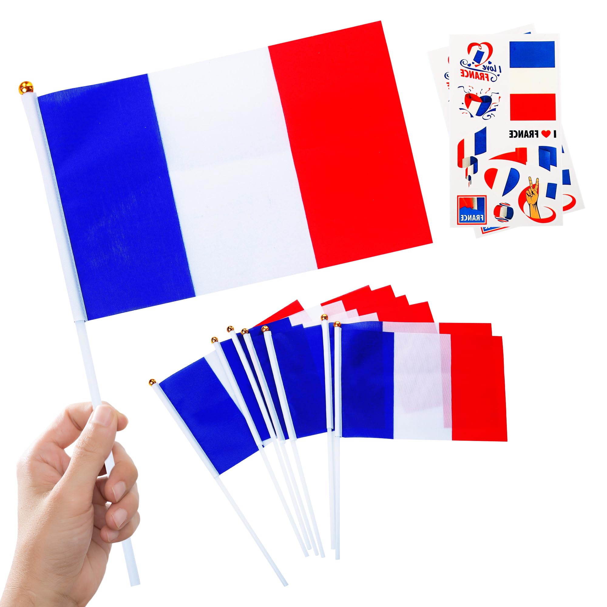 10pcs Small French Flags on Sticks & 2pcs Tattoos, French Oly 2024 Decorations Mini France Flags Hand Held Flags for Oly Games 2024 Football Sports Events National Day Party Decorations