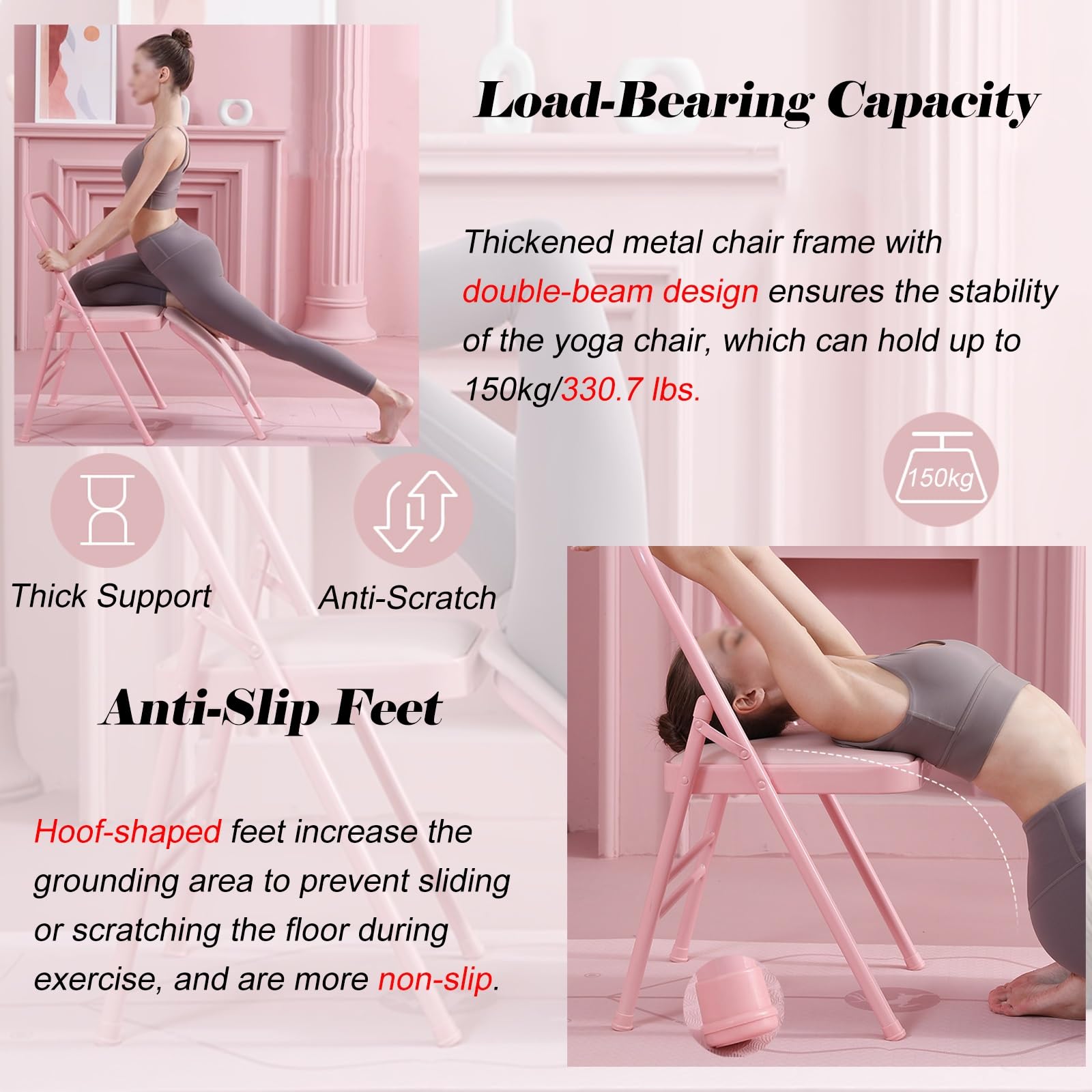 Sedia yoga Sedia Yoga Pieghevole Con Supporto Lombare Rimovibile, Strumento Di Allenamento Per L'inversione Dell'equilibrio Con Cuscino In PU, Sedia Yoga Per Esercizi Per La Vita/ I Glutei(Pink)