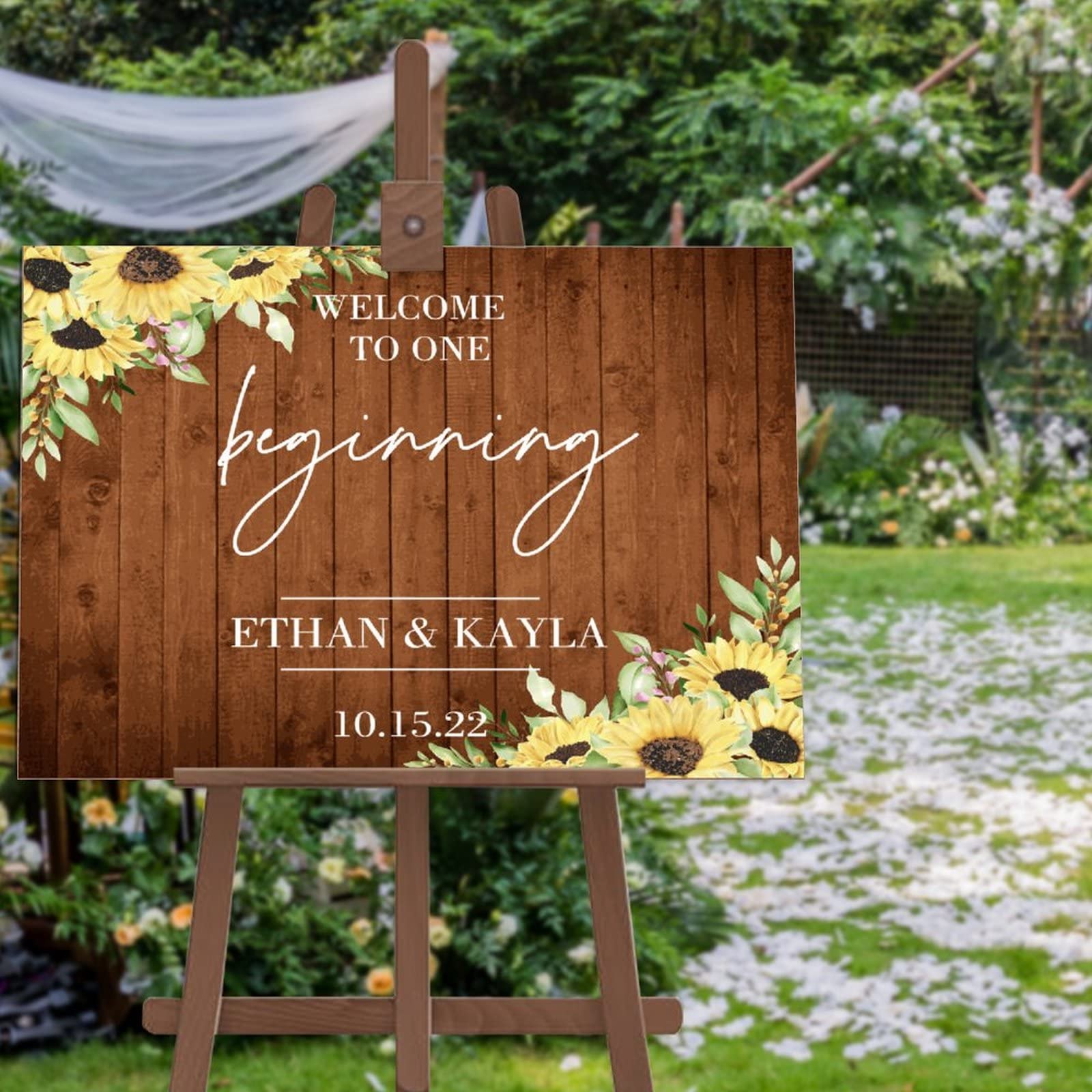 Panneau de bienvenue mariage rétro en bois avec tournesols pour réception chic 50x75 cm